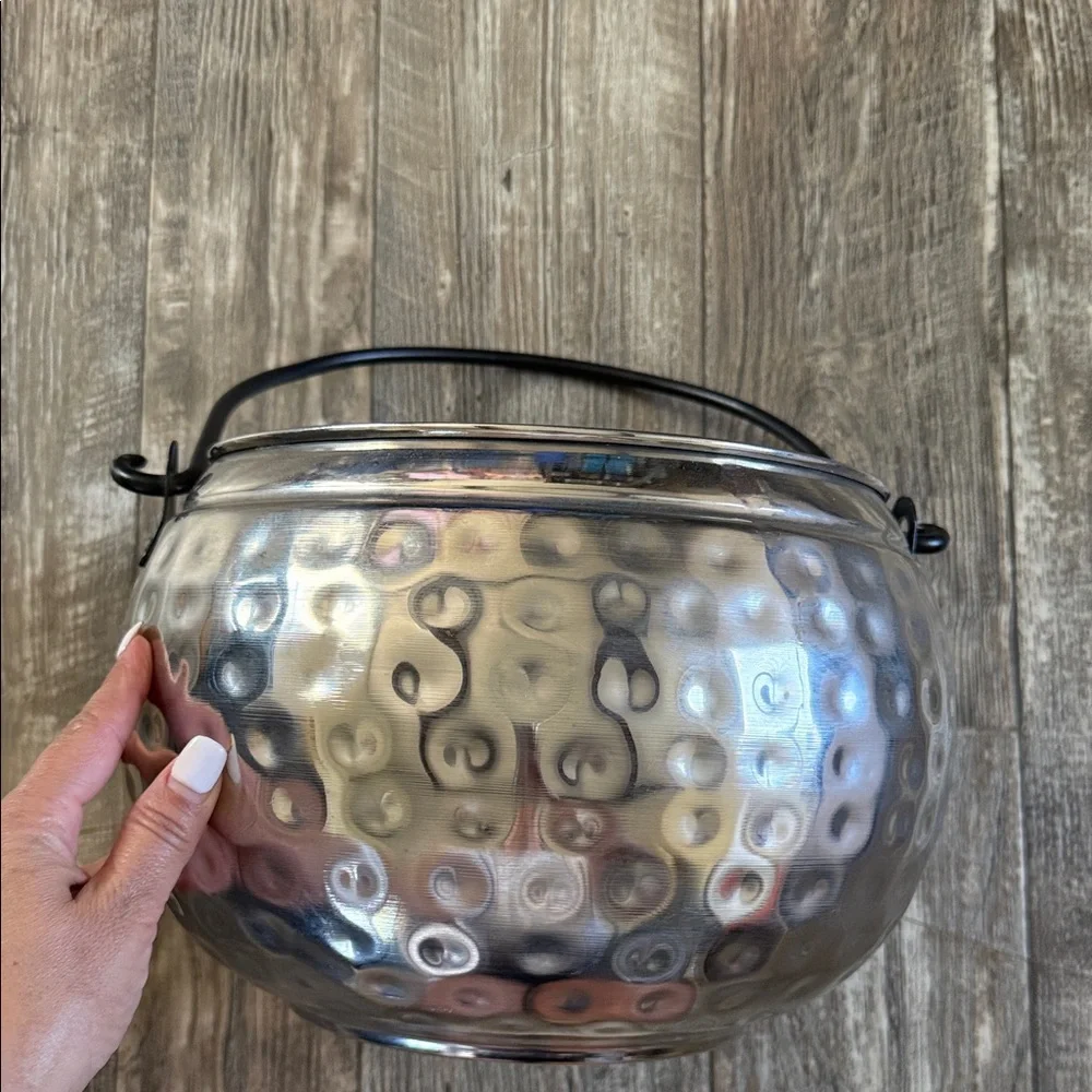 LARGE PUMPKIN Jack O Lantern Halloween Pail Silver Hammered Cauldron With Handle